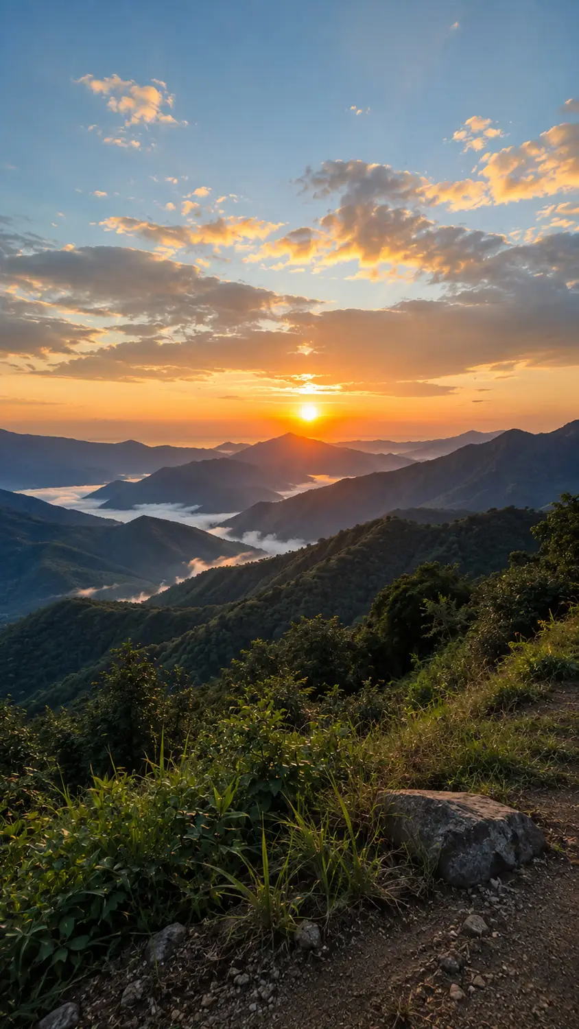 Golden sunset over mountain range and coastal valley Timor-Leste