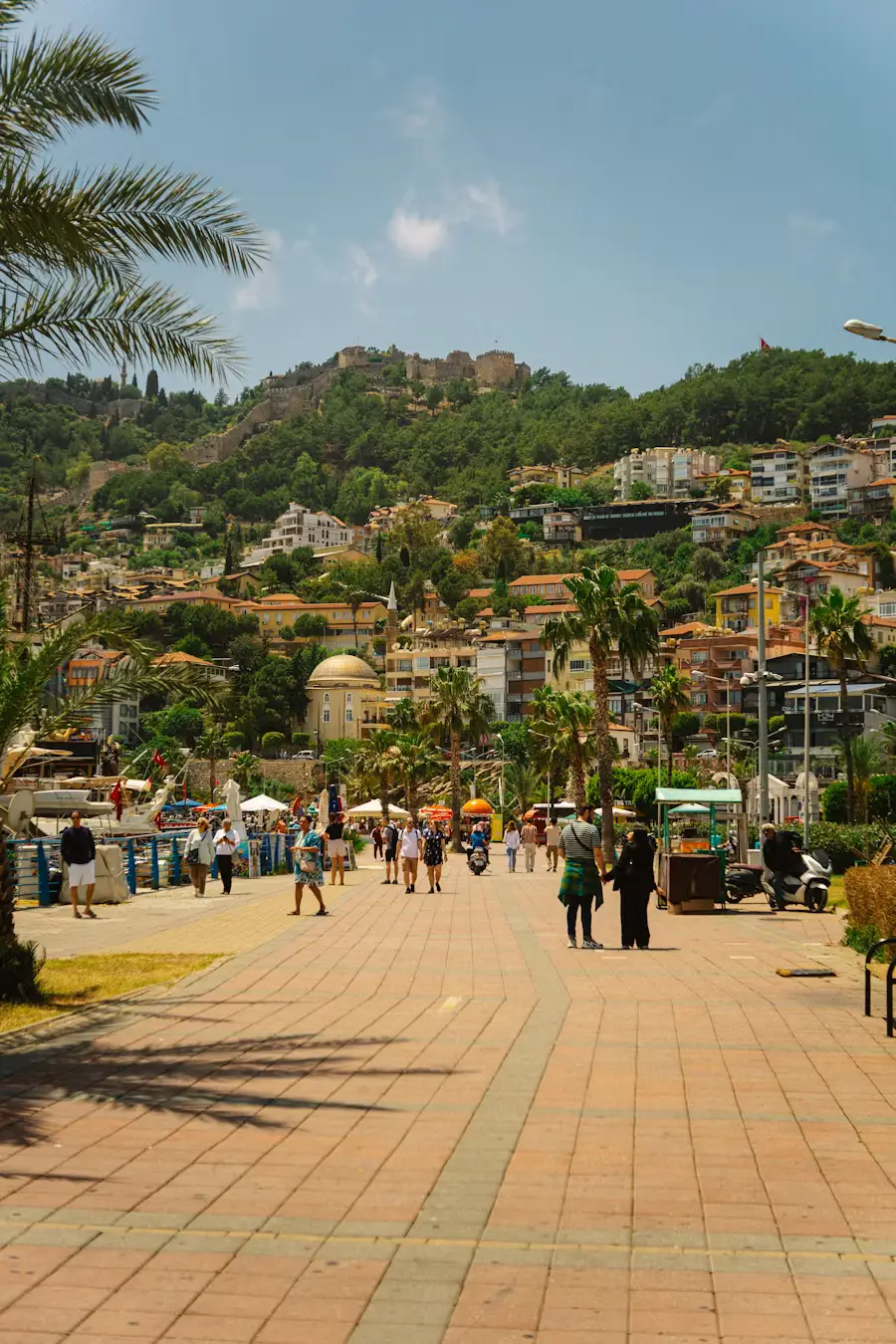 A palm-lined waterfront promenade with people walking, hills and buildings visible in the background under a partly cloudy sky.