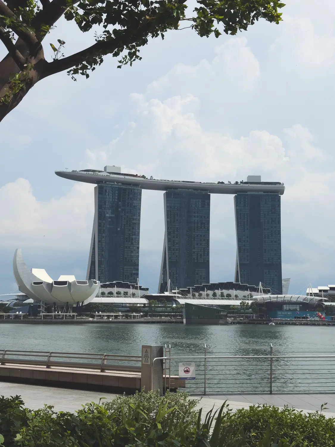 Marina Bay Sands three towers and ArtScience Museum viewed from tree-lined waterfront promenade Singapore
