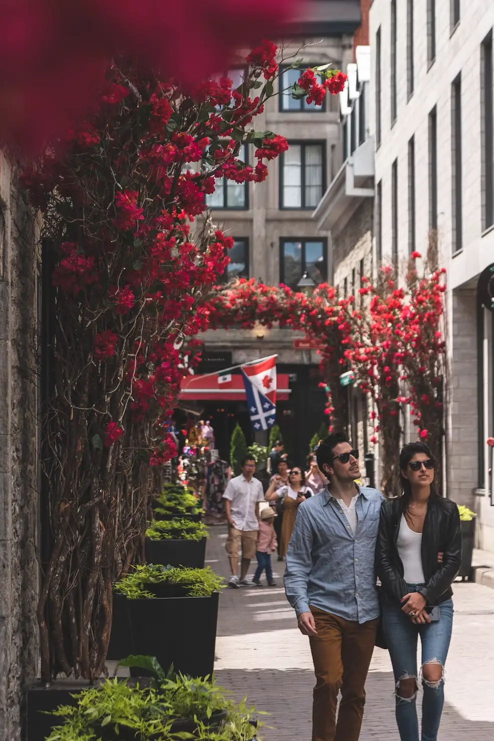 A couple walking hand in hand down a cobblestone street lined with red flowering vines and a flag hanging overhead.