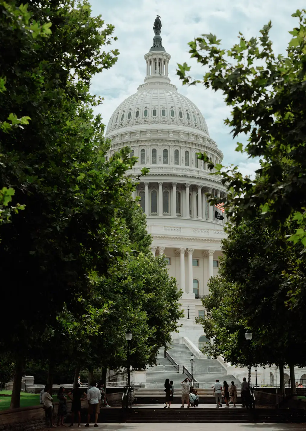 The US Capitol dome glimpsed through a canopy of green trees along a shaded path.