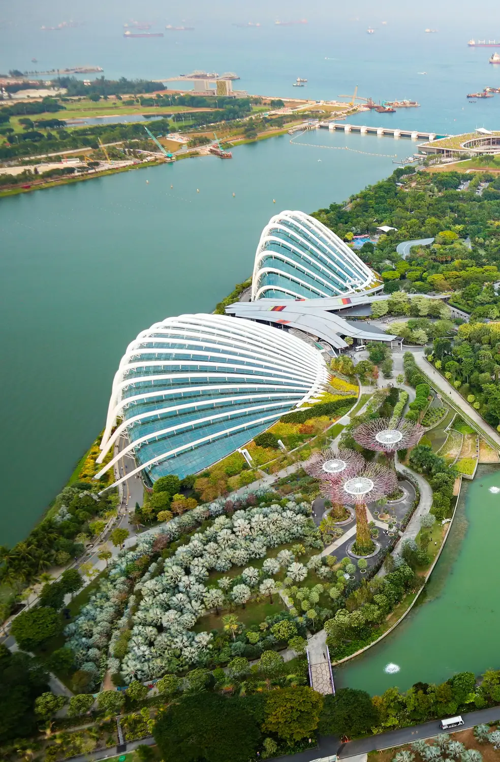 Aerial view of Gardens by the Bay Singapore showing the Flower Dome and Cloud Forest conservatories with Supertrees and Marina Bay waterfront