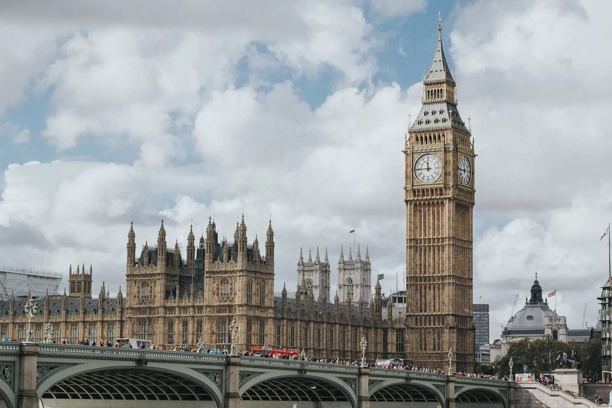 The Houses of Parliament and Big Ben viewed across Westminster Bridge under a cloudy sky.