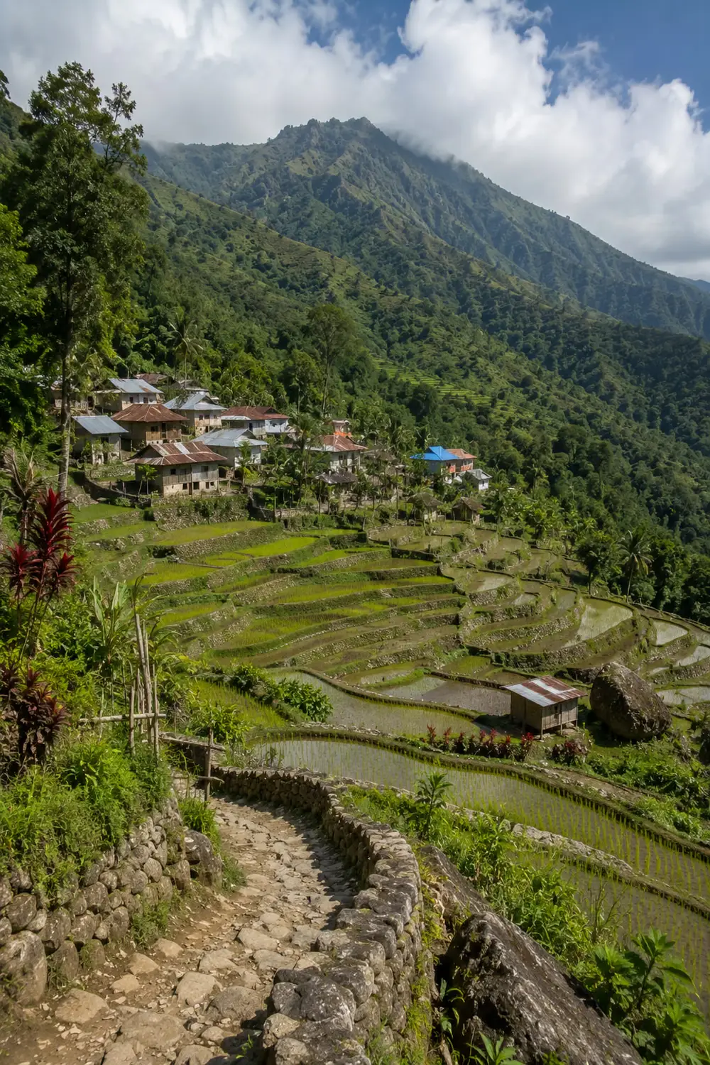 Terraced rice fields and traditional village on volcanic mountain slopes Timor-Leste