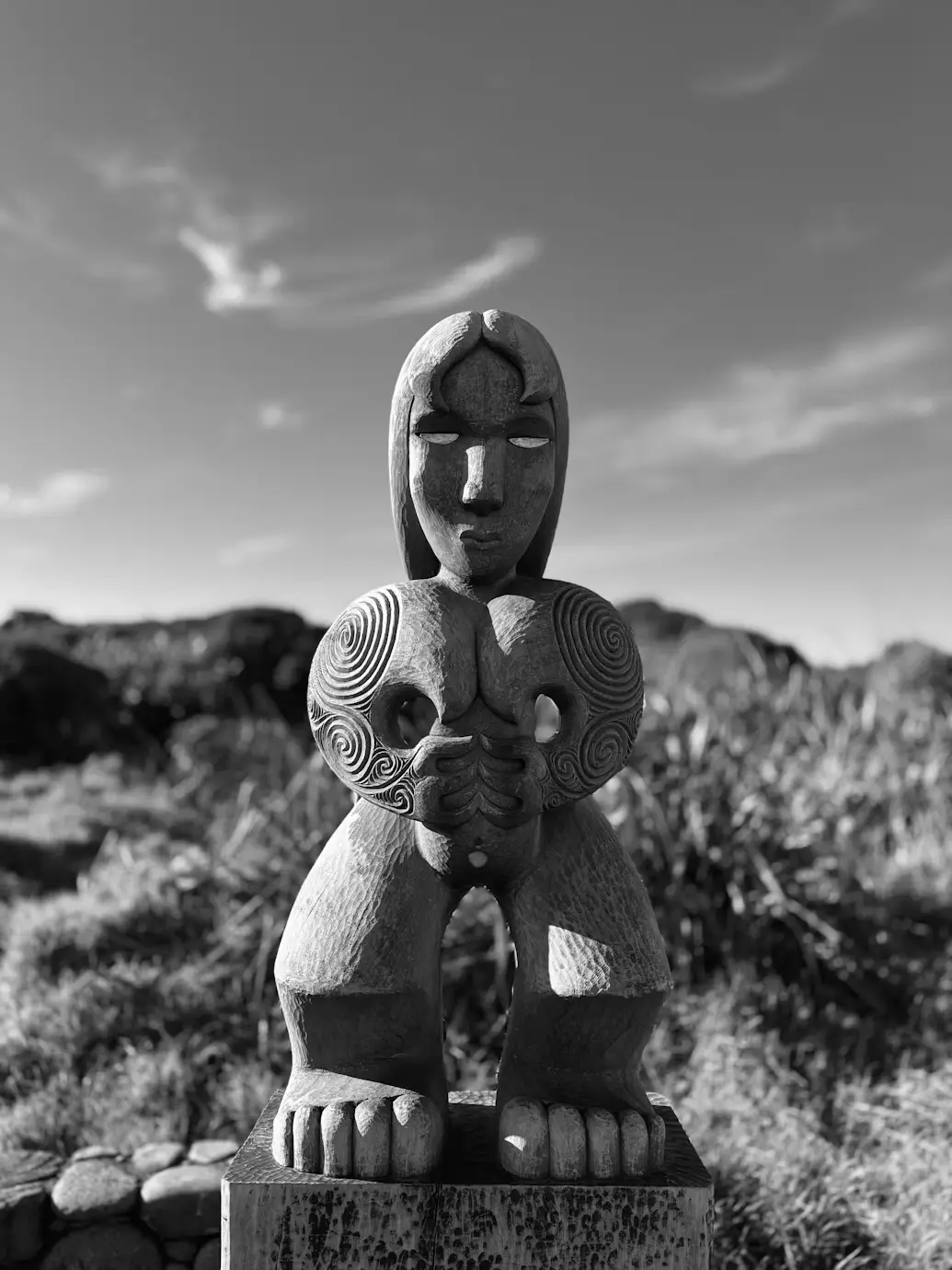 Black-and-white carved Māori-style wooden statue with spiral patterns in a natural landscape.