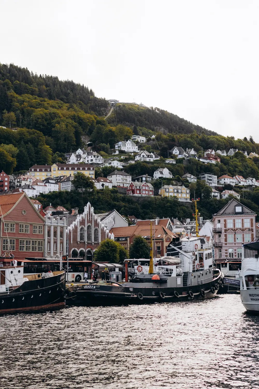 Boats moored along Bergen's harbour, with traditional wooden buildings climbing the forested hillside on a grey day.