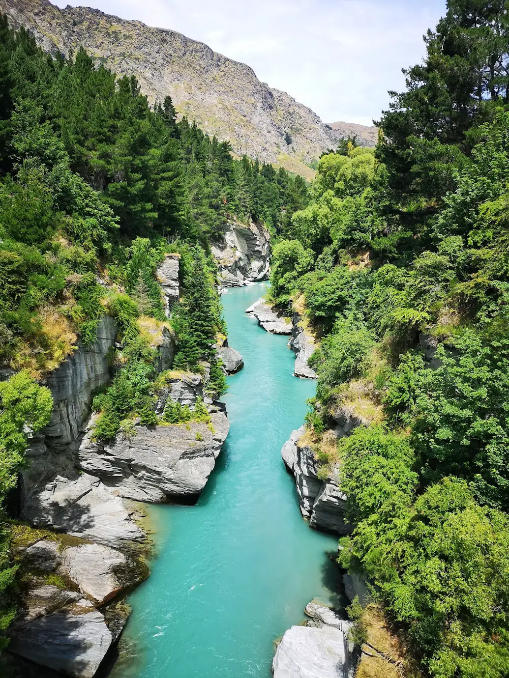 Bright turquoise river winding through a rocky gorge lined with dense green forest.