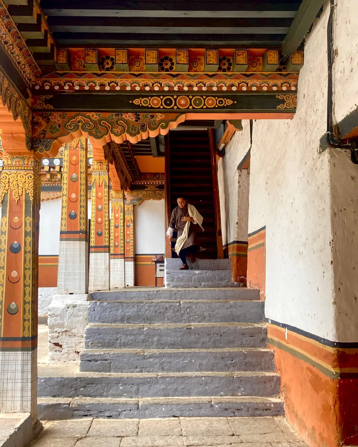 Person descending stone steps beside an ornately painted traditional Bhutanese temple entrance in Bhutan.