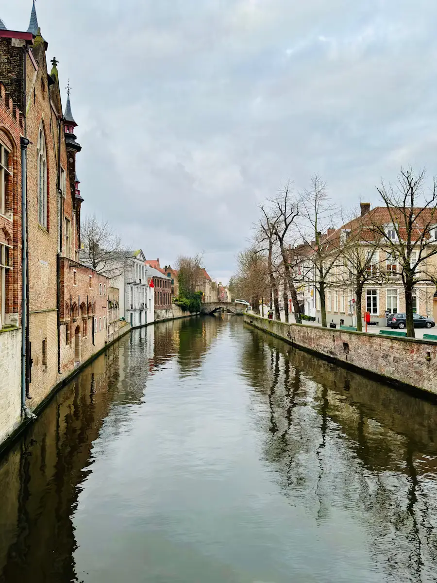 A quiet canal in Bruges lined with historic brick buildings and bare winter trees, reflecting in the still water under a cloudy sky.