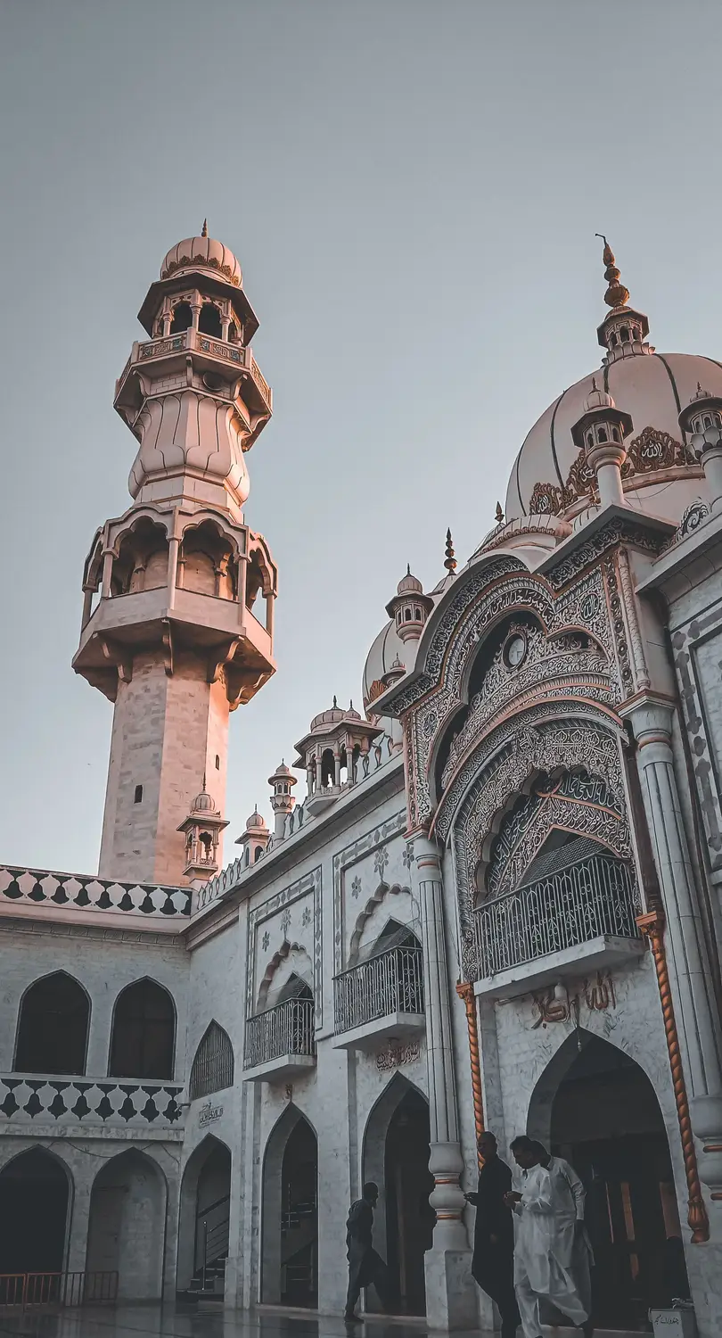 Wazir Khan Mosque pink minaret and Mughal architecture close up view Lahore Pakistan