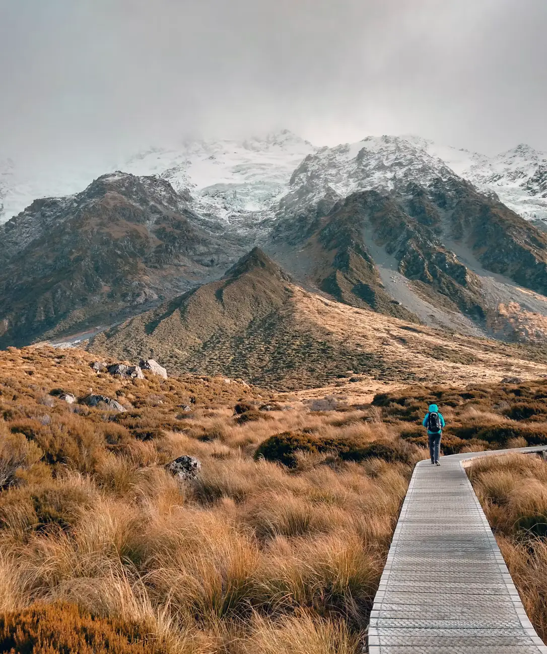 Wooden boardwalk leading across golden alpine grasslands toward rugged snow-covered mountains beneath low clouds.