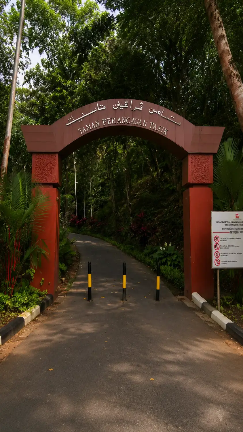 Entrance archway gate to Taman Perancangan Tasik lake park with Jawi and Roman script signage, Brunei