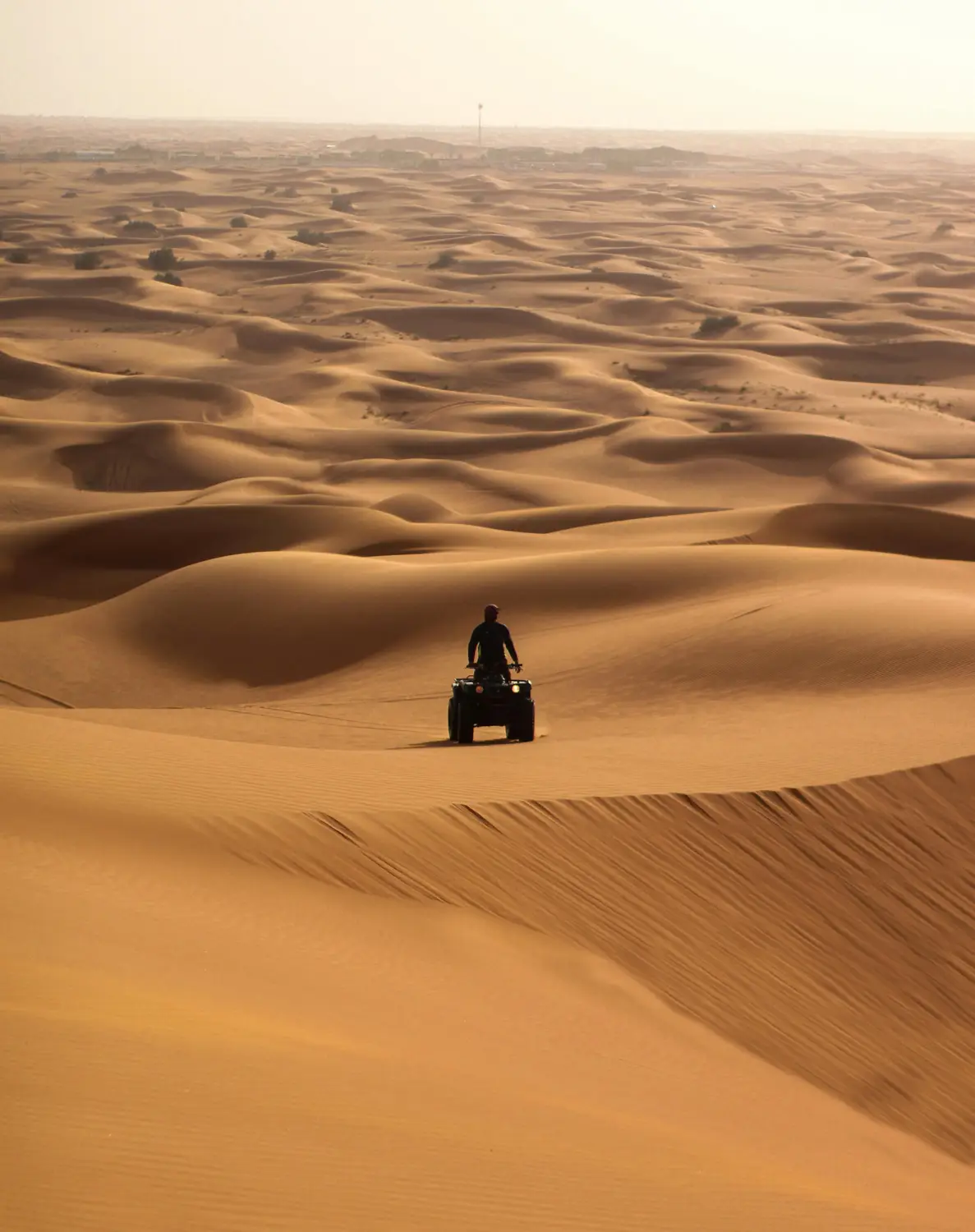 A lone ATV rider silhouetted against an endless expanse of rippled golden sand dunes stretching to the horizon in a hazy desert