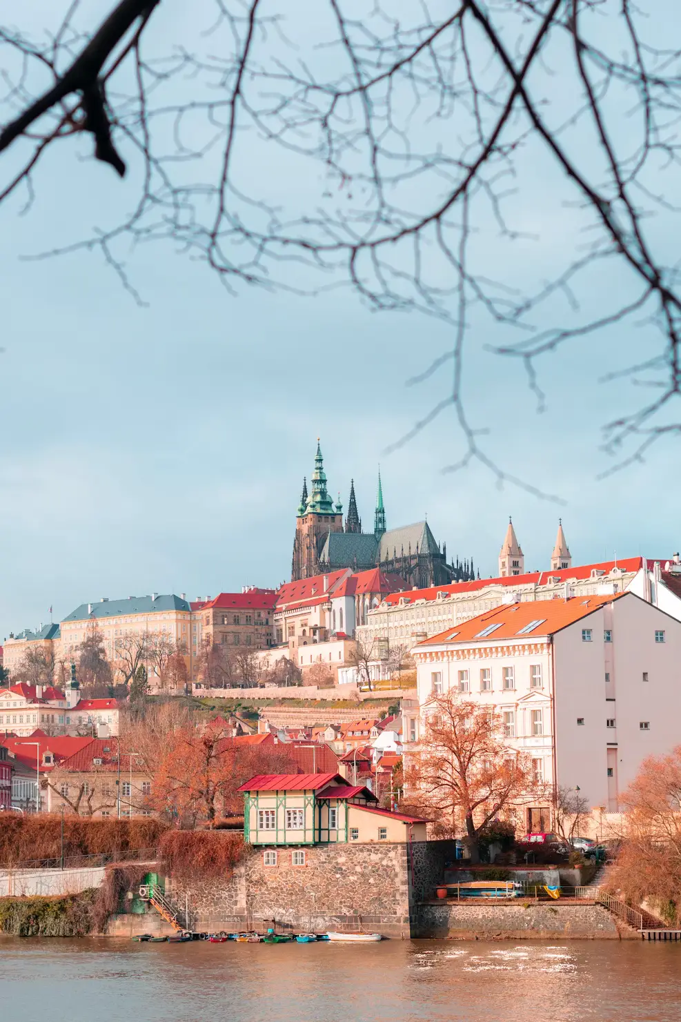 Prague Castle and red-roofed buildings along the Vltava River, framed by bare tree branches in winter