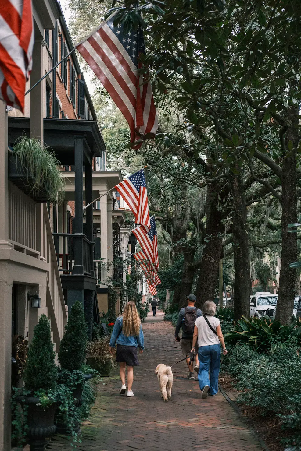 A tree-lined brick sidewalk with several American flags hanging from historic homes, while three people walk a dog.