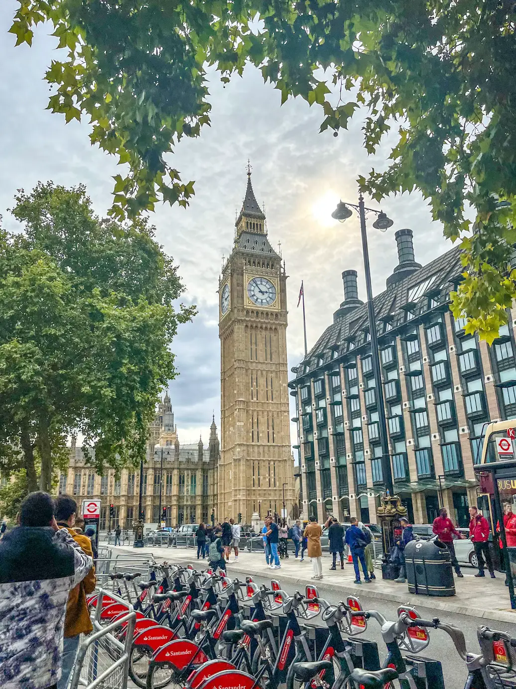 Big Ben's clock tower rising above leafy green trees, with a row of red hire bikes and pedestrians on the street below.
