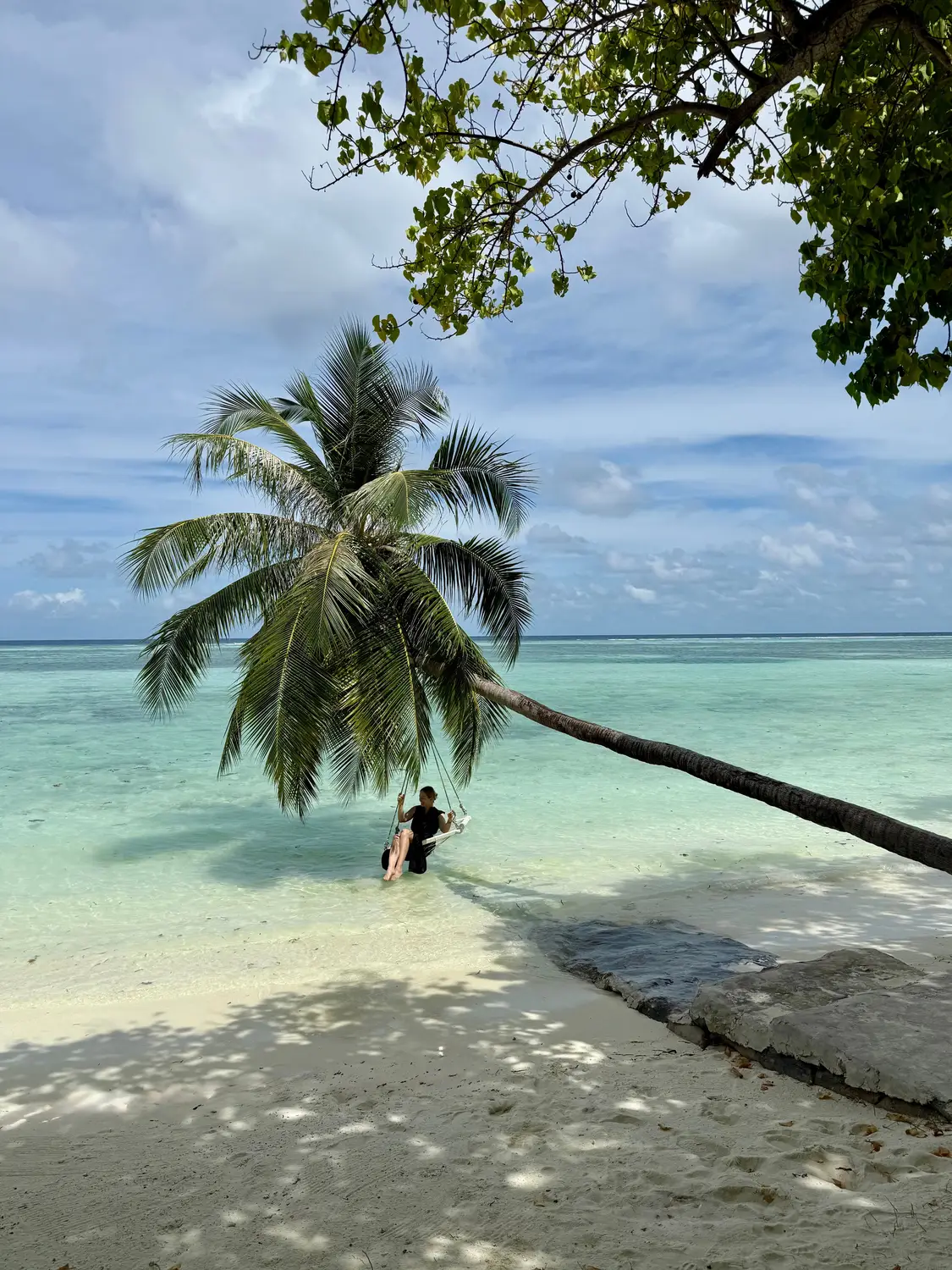 Person sitting on leaning coconut palm tree over crystal clear shallow turquoise water on tropical Maldives beach