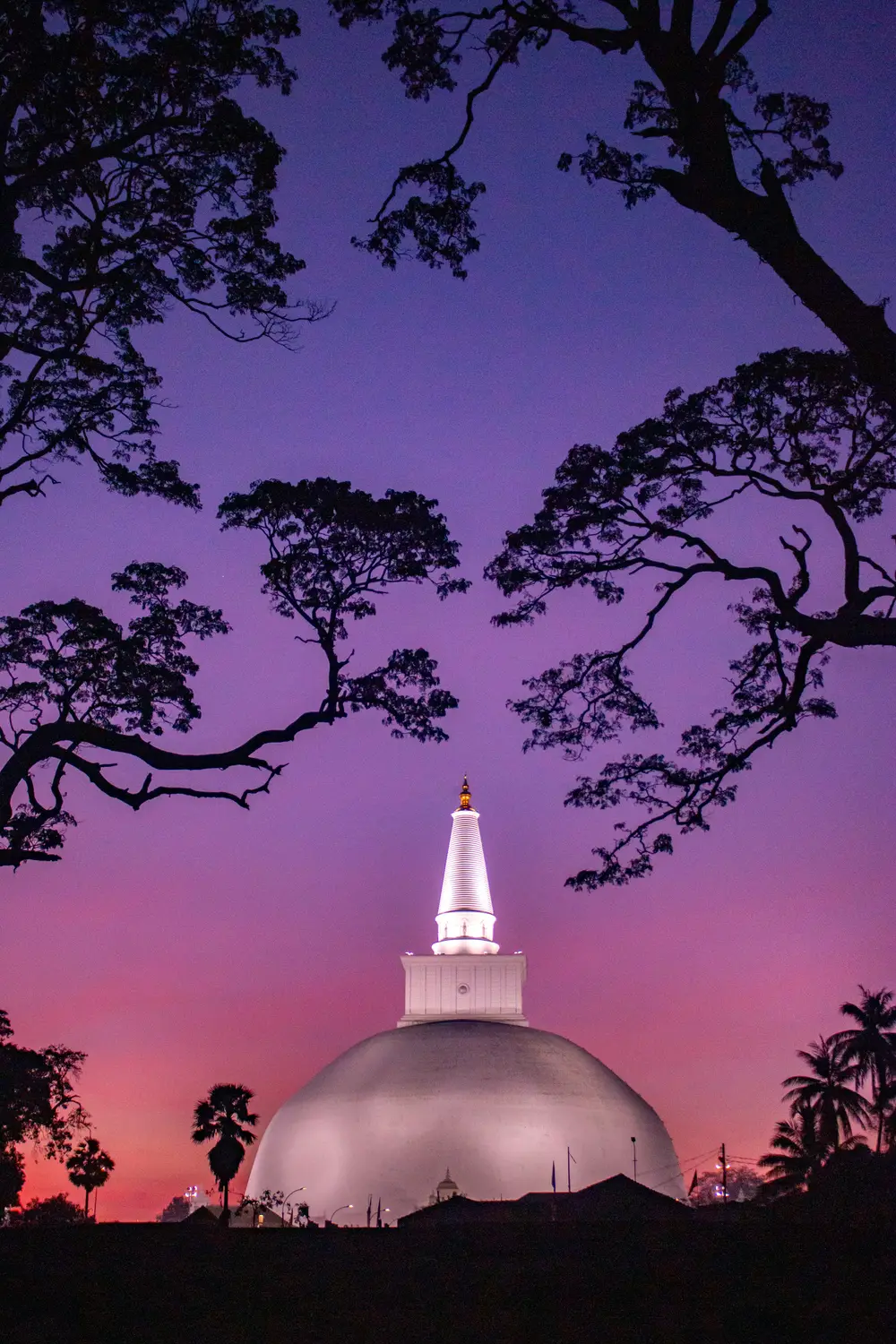 White Buddhist stupa (dagoba) silhouetted against a vivid purple and pink sunset sky in Sri Lanka.