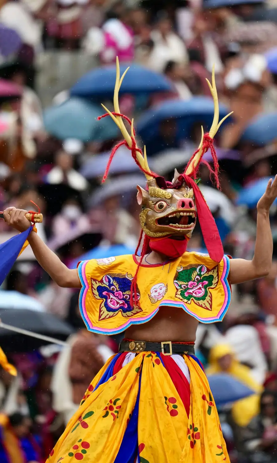 A vivid Tibetan masked dancer in a yellow embroidered costume wearing a golden antlered dragon mask performing before a large crowd of spectators