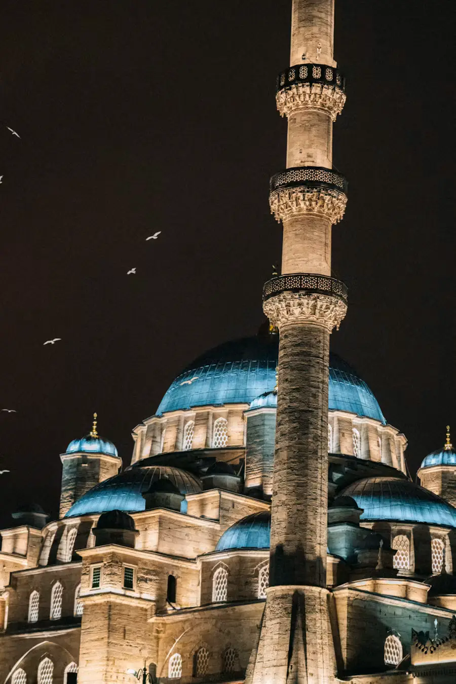 The domes and minaret of the Blue Mosque illuminated at night against a dark sky.