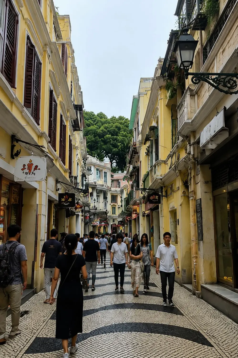 Pedestrians walking through narrow colonial street lined with shops, Macau