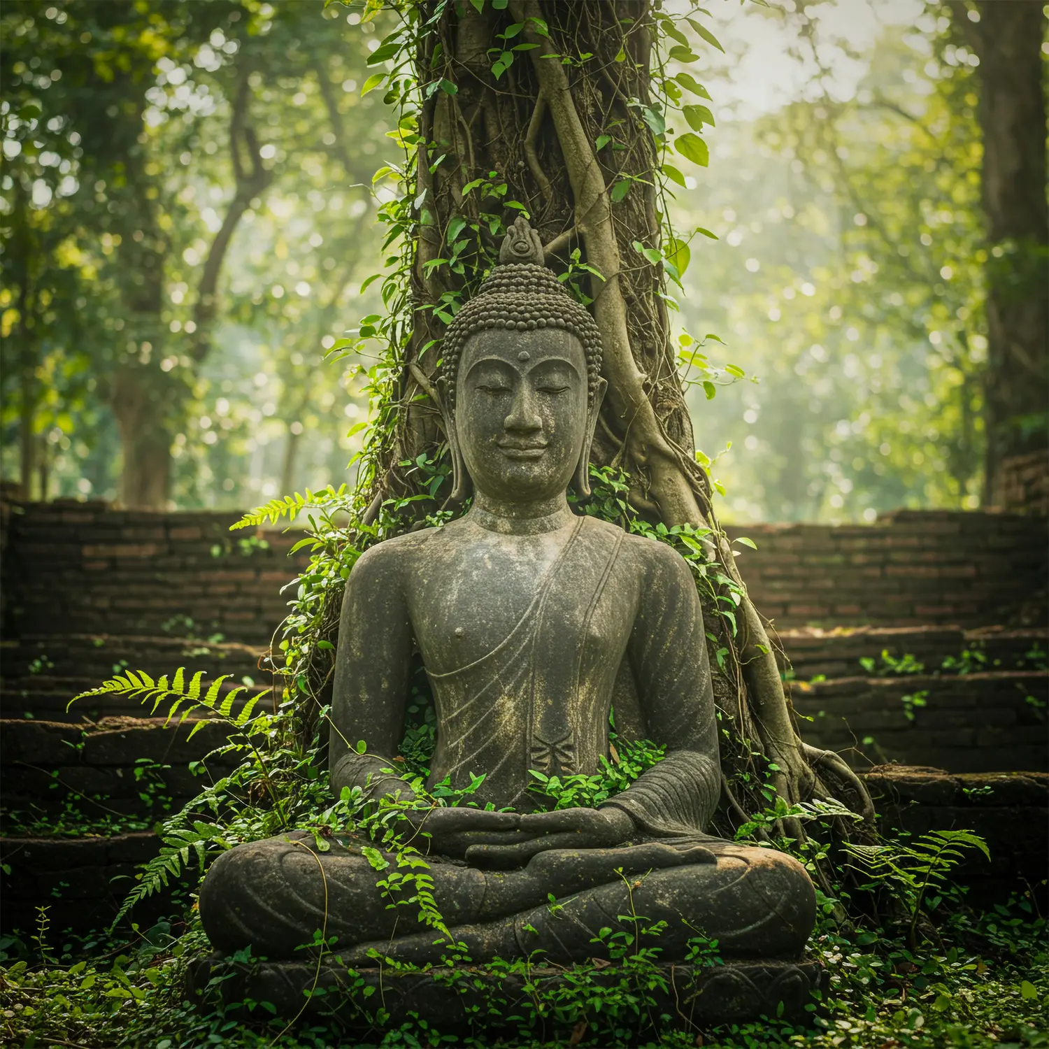 Stone Buddha statue seated in meditation beneath a vine-covered tree on moss-grown brick steps in a lush green forest, Thailand.