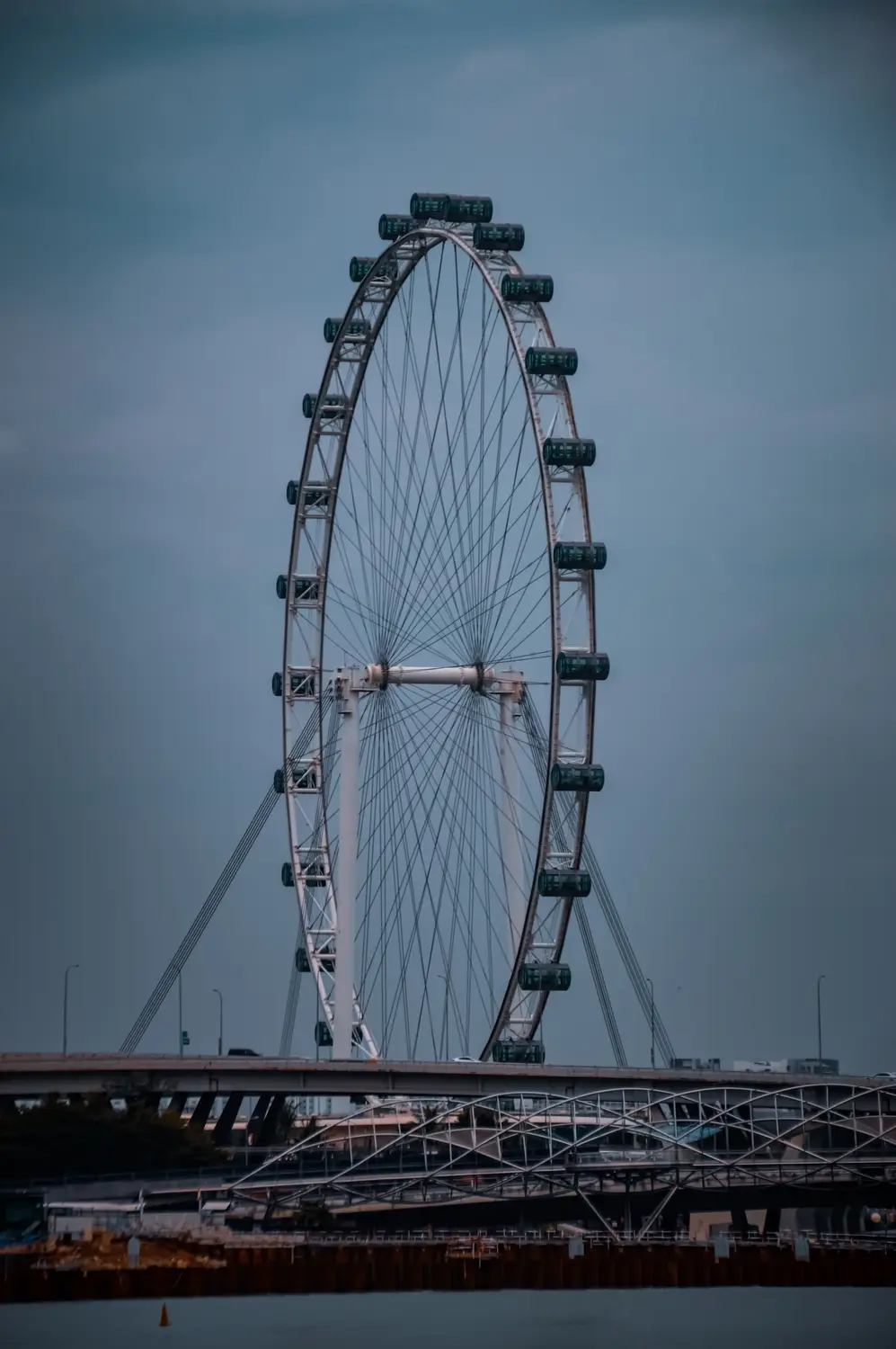 Singapore Flyer giant observation ferris wheel against overcast sky with marina and city in background