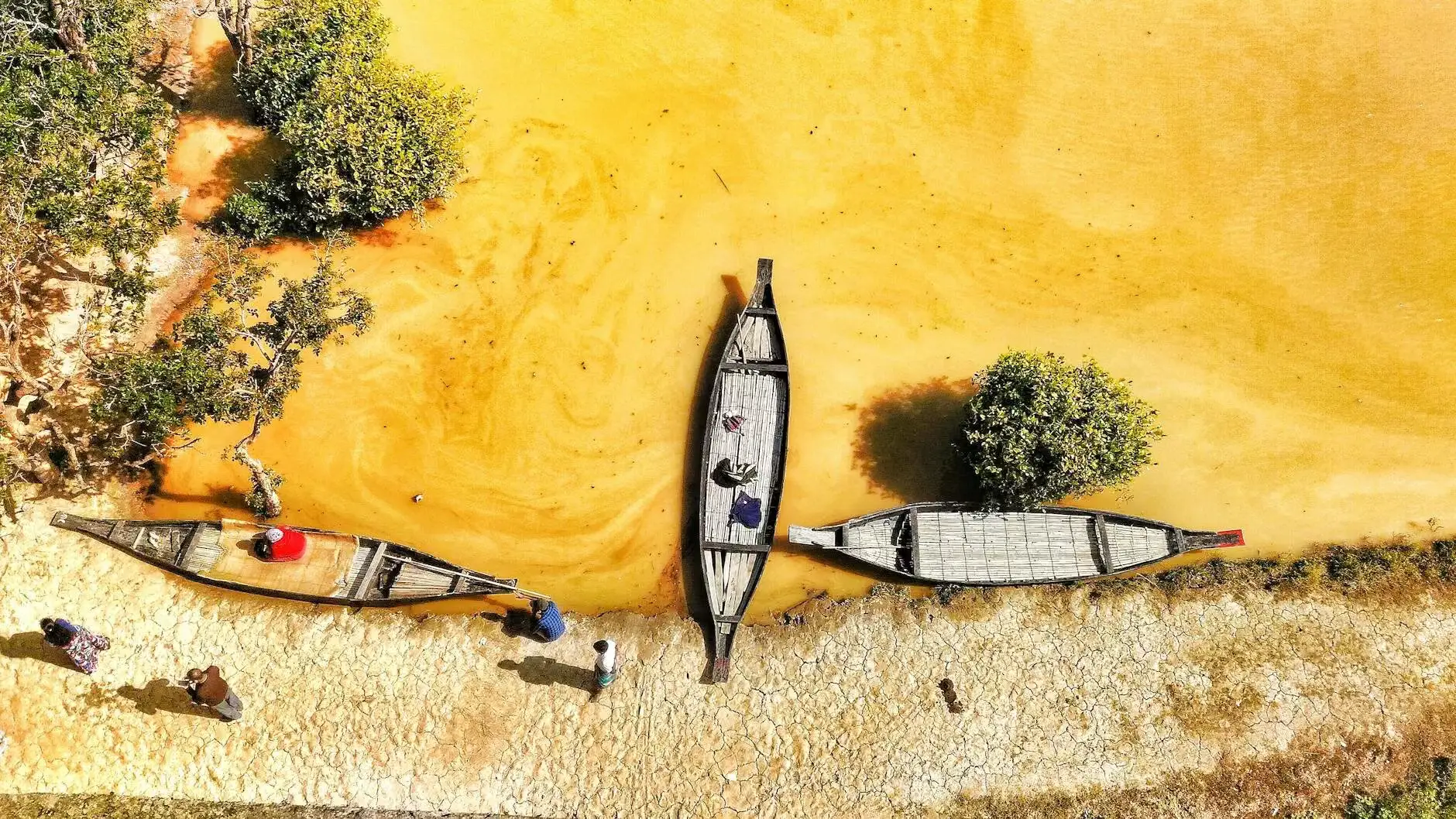 Aerial drone view of three wooden traditional boats moored along a cracked dry riverbank with golden-yellow muddy water, surrounded by green trees and local people