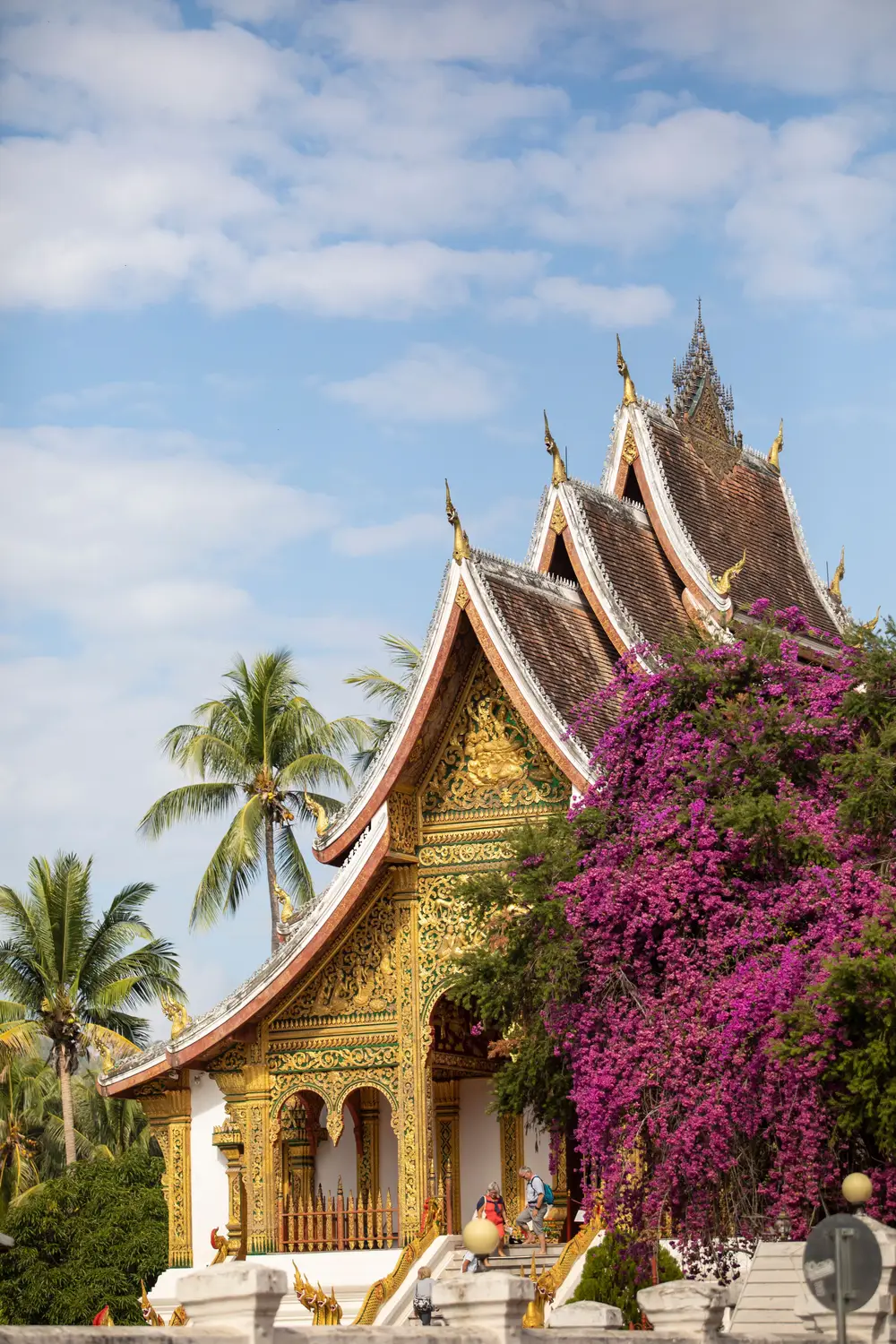 Golden Wat Xieng Thong temple with a tiered roof and blooming pink bougainvillea under a blue sky in Luang Prabang, Laos.