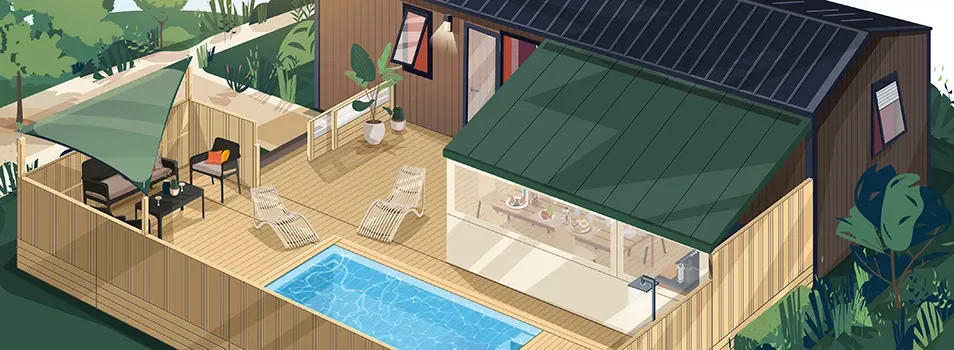 Illustration du nouveau mobil-home Oasis Premium & Pool : moderne avec terrasse en bois et piscine privée.