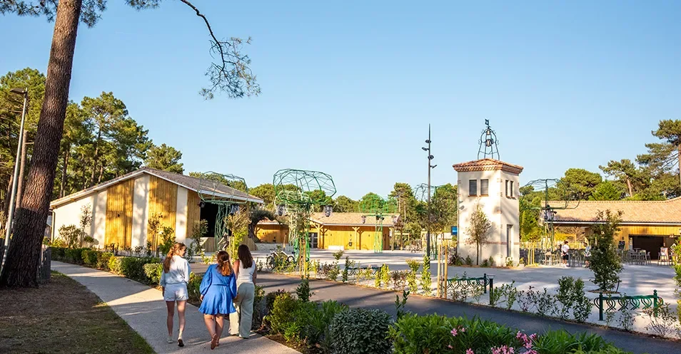 Lodges installées sous le ciel bleu et de grands pins au Camping Plage Sud 4 étoiles.