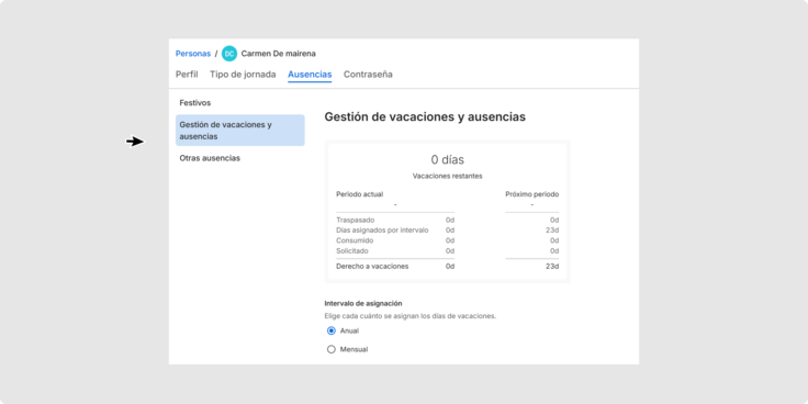 Screenshot of TimeTac: Absences and leave management settings need to be checked in the profile of the restored user. 