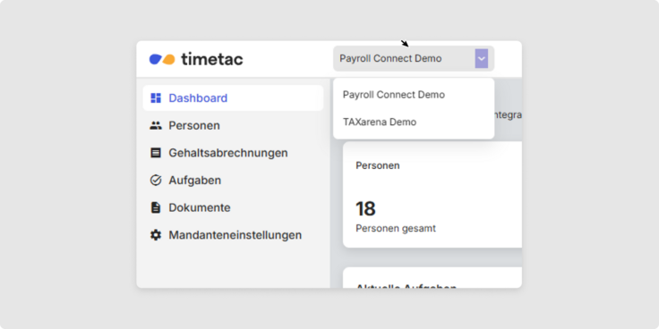 Drop-Down-Menü Mandanten Payroll Connect