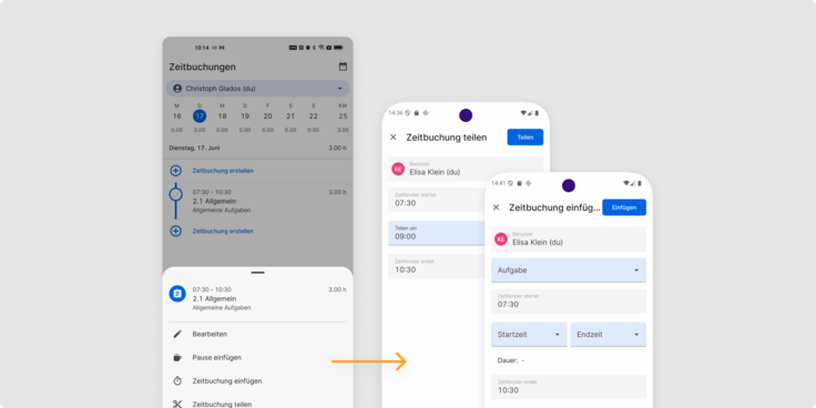 Screenshot der TimeTac-App: Zeitbuchungen teilen und nachträglich einfügen