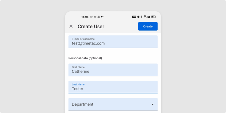 Screenshot of the TimeTac App: Create new users directly in the app