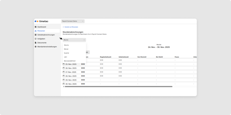 Zeitraum Stundenabrechnung Payroll Connect