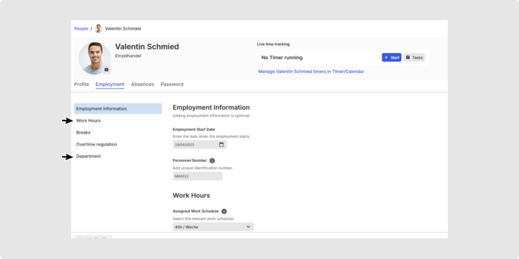 Screenshot of TimeTac: Settings for Work hours and departement need to be checked in the profile of the restored user. 