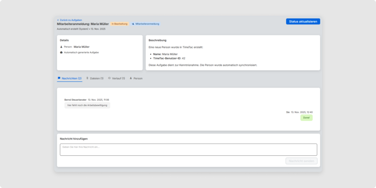 Details einer Aufgabe Mitarbeiteranmeldung in Payroll Connect