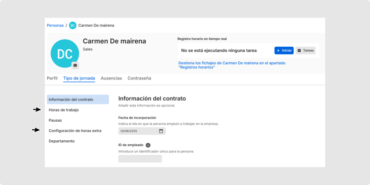 Screenshot of TimeTac: Settings for Work hours and departement need to be checked in the profile of the restored user. 
