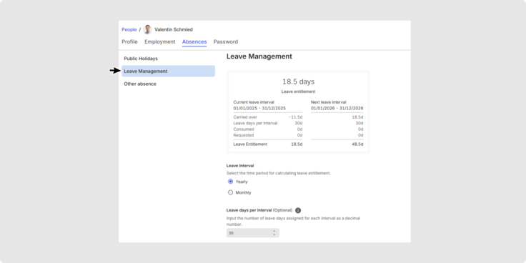 Screenshot of TimeTac: Absences and leave management settings need to be checked in the profile of the restored user. 