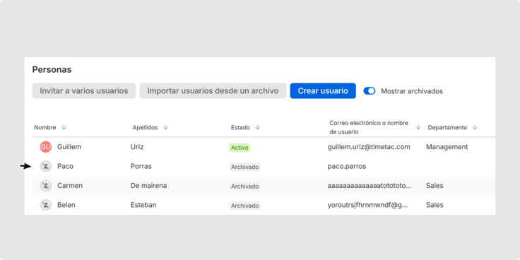 Screenshot of TimeTac: In People, archived users are shown in grey, marked with the status “archived,” and their profiles appear crossed out.
