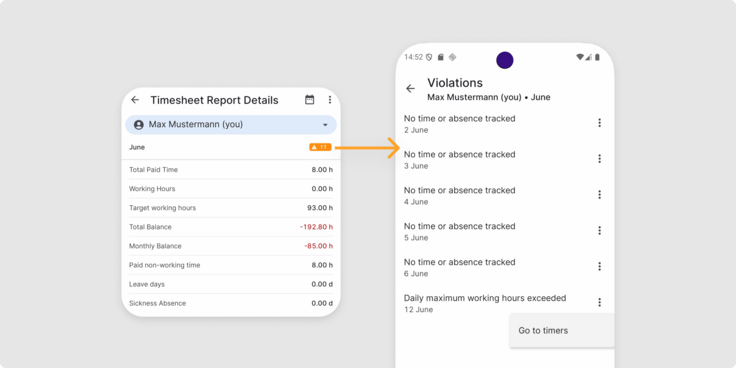 Screenshot of the TimeTac app for time tracking: Timesheet report Details 