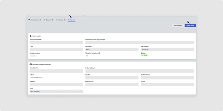 Personendaten in Aufgabe speichern Payroll Connect