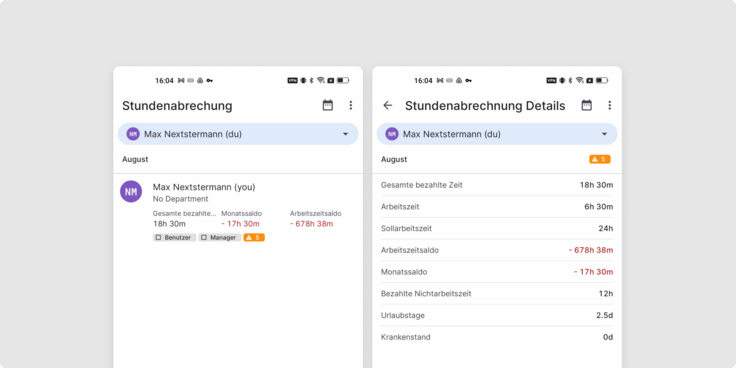 Screenshot der TimeTac-App für mobile Zeiterfassung: Stundenabrechnung Detailansicht