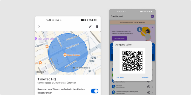 Screenshot der TimeTac-App: Automatischer Geofence-Check für NFC und Tandem-Tracking