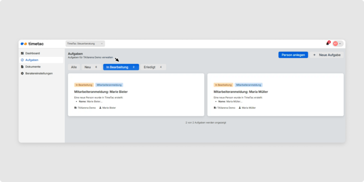 Aufgaben nach Status filtern in Payroll Connect 
