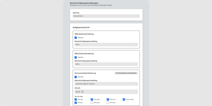Benachrichtigungseinstellugen in Payroll Connect