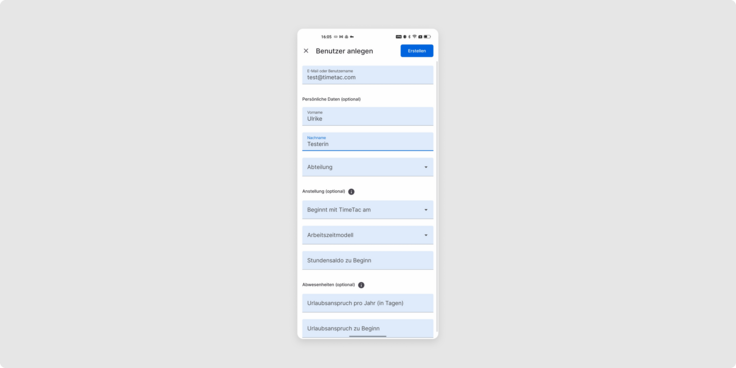 Screenshot der TimeTac-App: Neue Mitarbeitende mit Beschäftigungsdetails hinzufügen