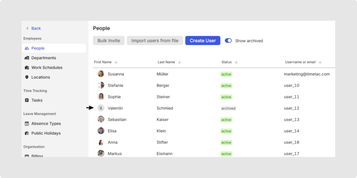 Screenshot of TimeTac: In People, archived users are shown in grey, marked with the status “archived,” and their profiles appear crossed out.