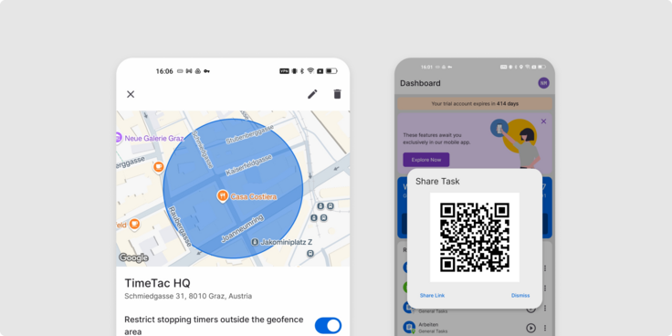 Screenshot of the TimeTac App: Automatic Geofence-Check for NFC and Tandem-Tracking
